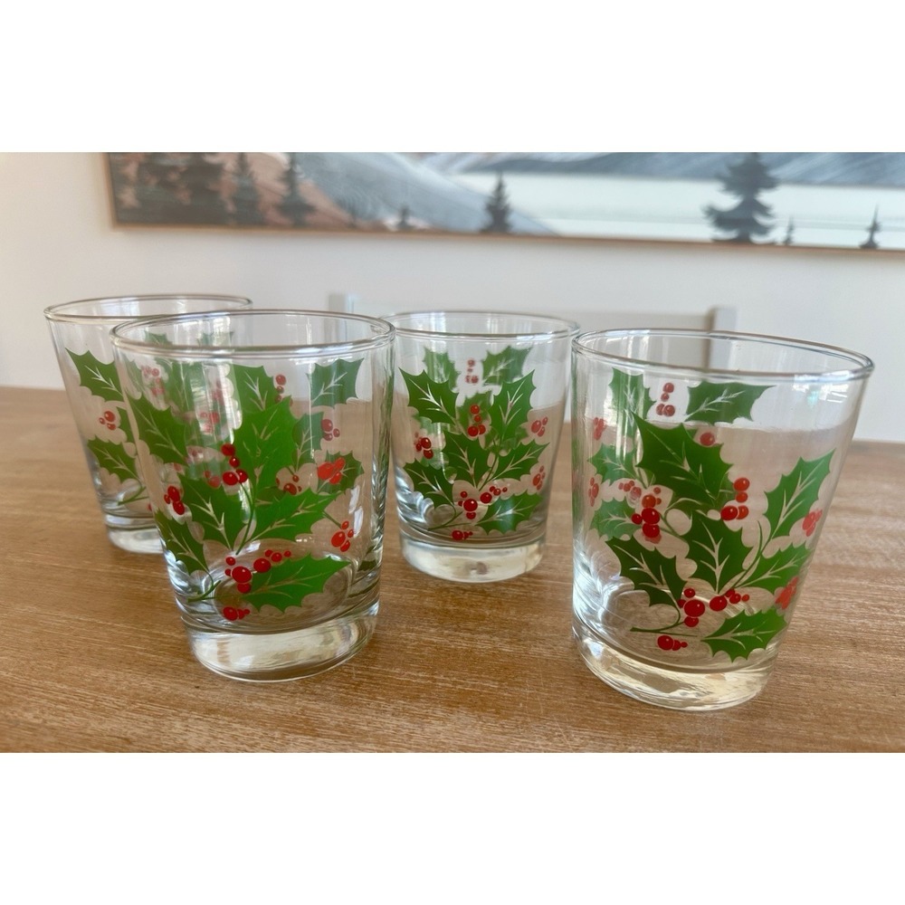 Set of 4 Vintage MCM Christmas‎ Libbey Holly & Berries Glasses Old Fashioned
